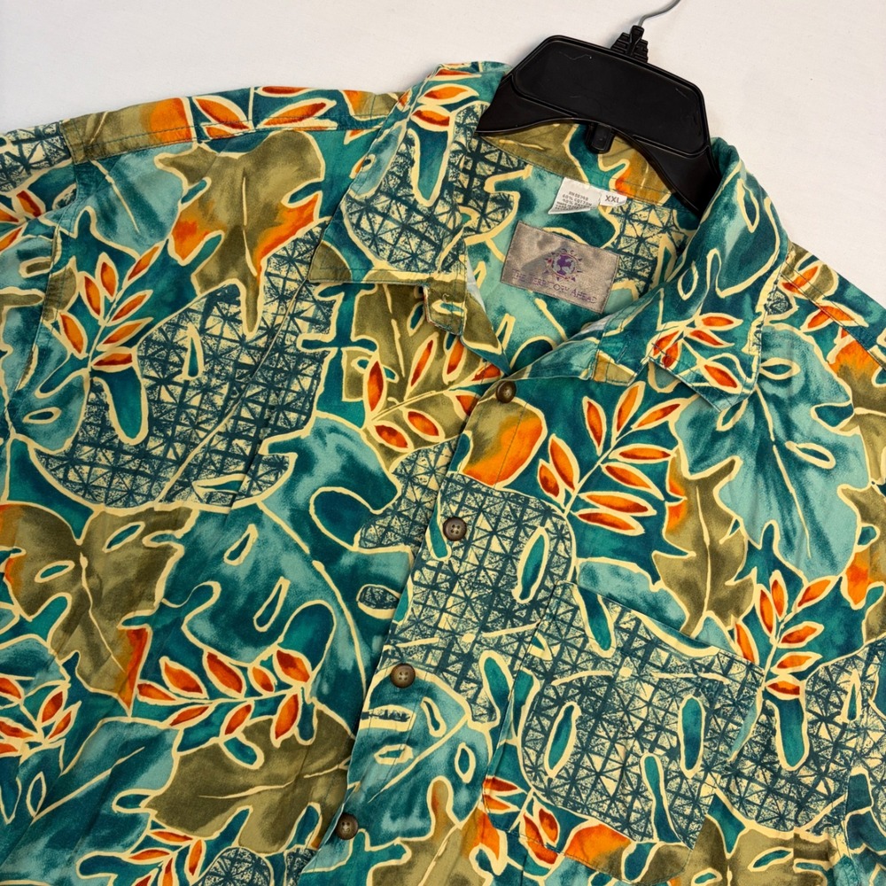 The Territory Ahead Mens XXL Teal Tropical Leaf Cotton Rayon Button Down Shirt